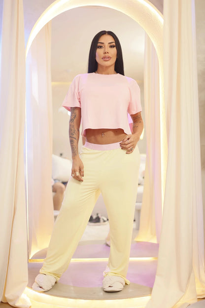 Pijama Set Crop Rosa Pantalón Amarillo - Pijamas MR