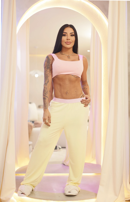 Pijama Set Crop Rosa Pantalón Amarillo - Pijamas MR